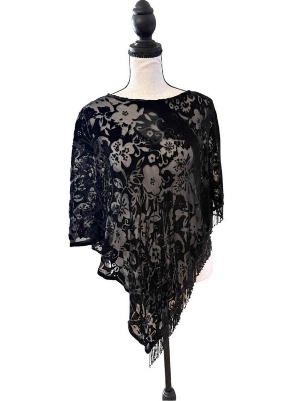 Vtg Poncho Cape Black Burnout With Beaded Fringe Special Occasion One Size